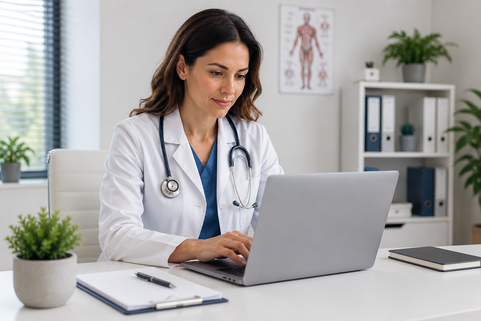 Profesional medica consultando oportunidades desde un ordenador portatil
